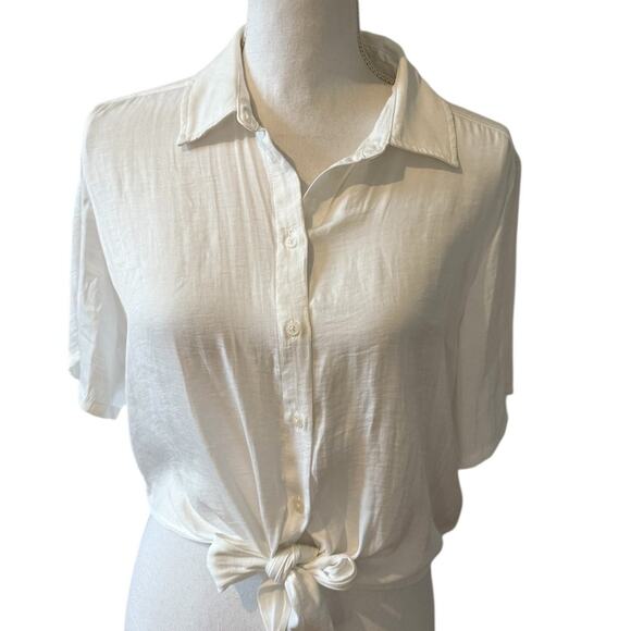 Rachel Zoe Silky Satin Button Front Tie Front Top White M - Picture 1 of 5